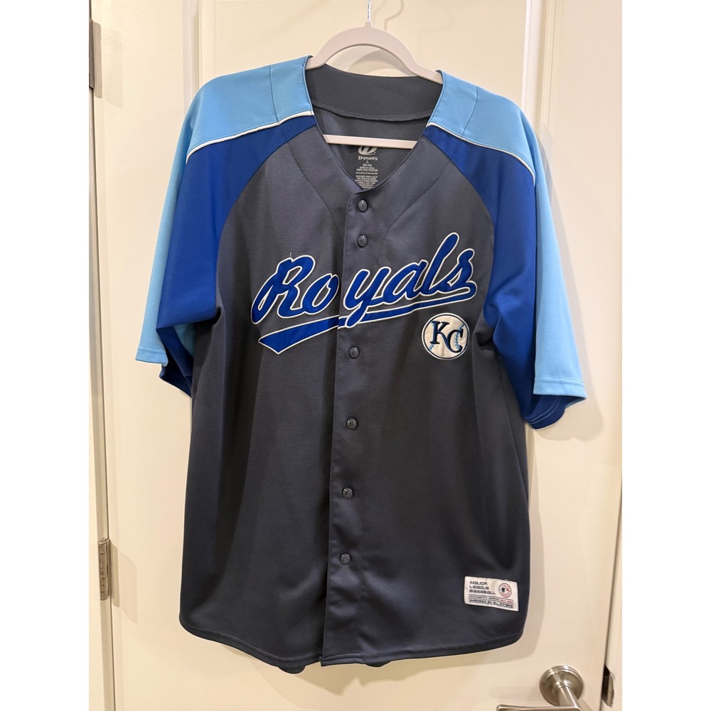 Dynasty Kansas City Royals MLB Baseball Jersey Mens Large‎ Grey Blue Button Up